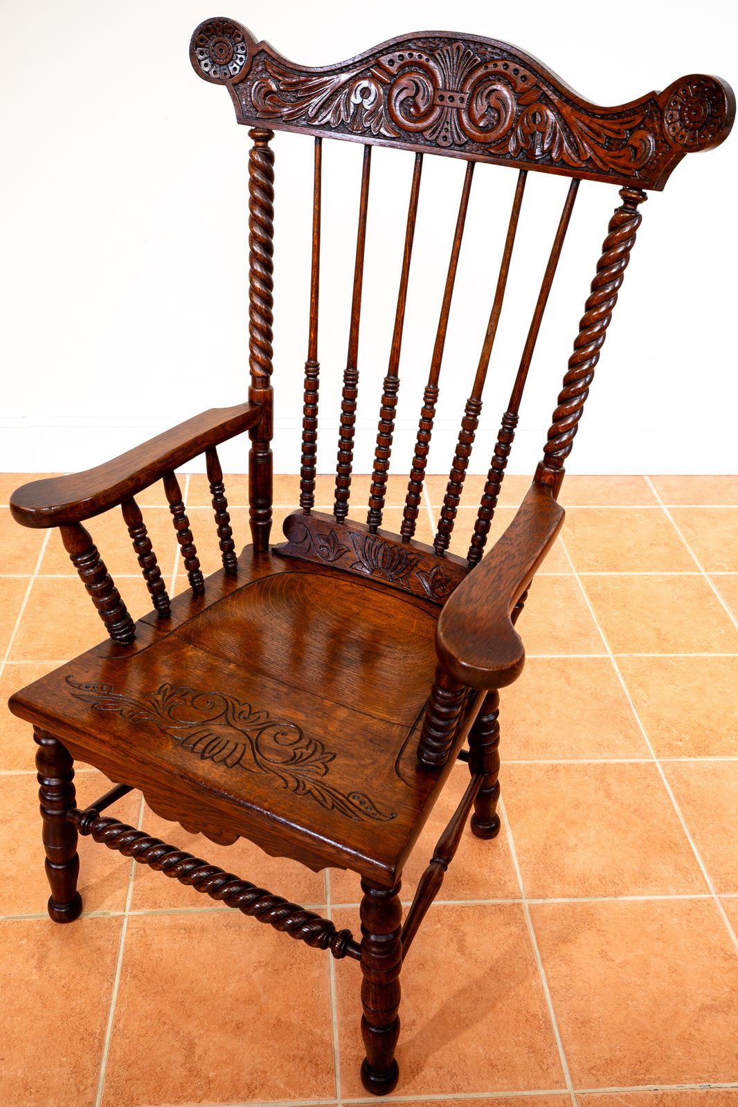 photo for sale Impressive Antique Oak Windsor Chair Country House Statement Fan Back Fireside Grandfather Armchair Ornate Decorative Carver Hall Throne Chair