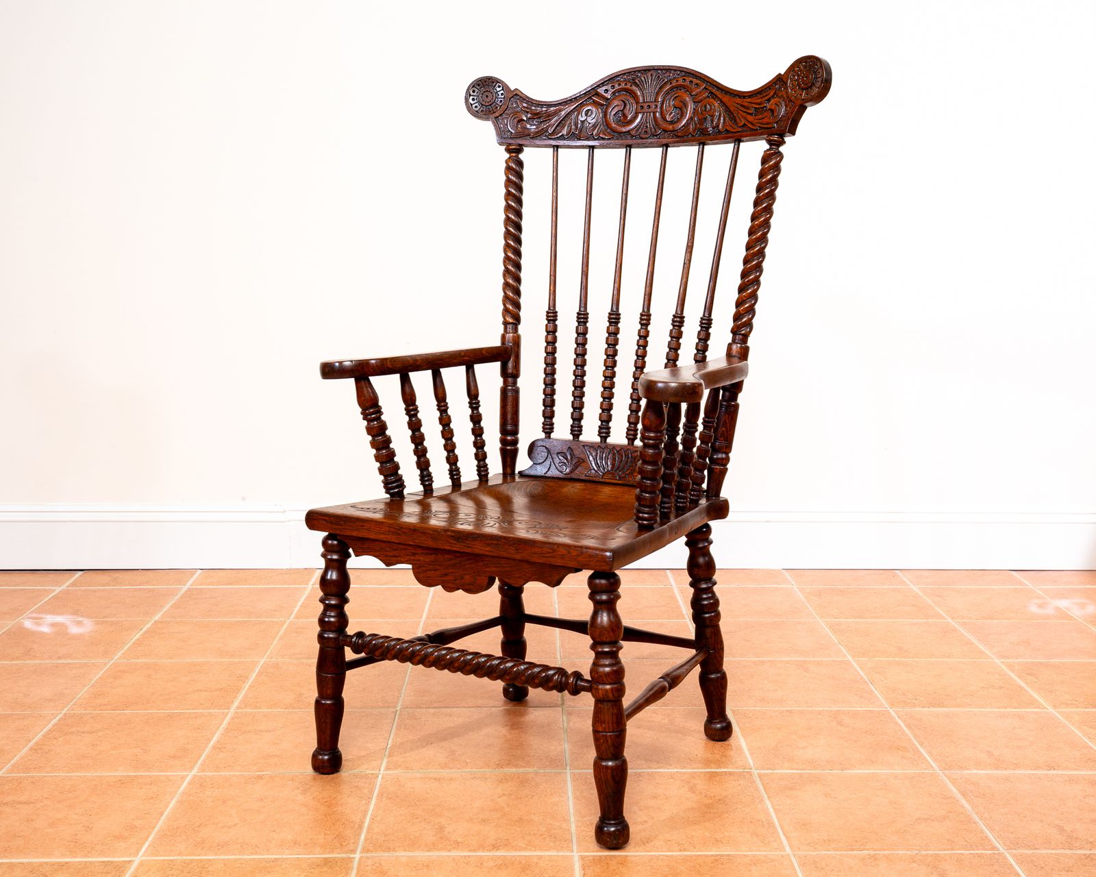 Impressive Antique Oak Windsor Chair Country House Statement Fan Back Fireside Grandfather Armchair Ornate Decorative Carver Hall Throne Chair photo Furniture