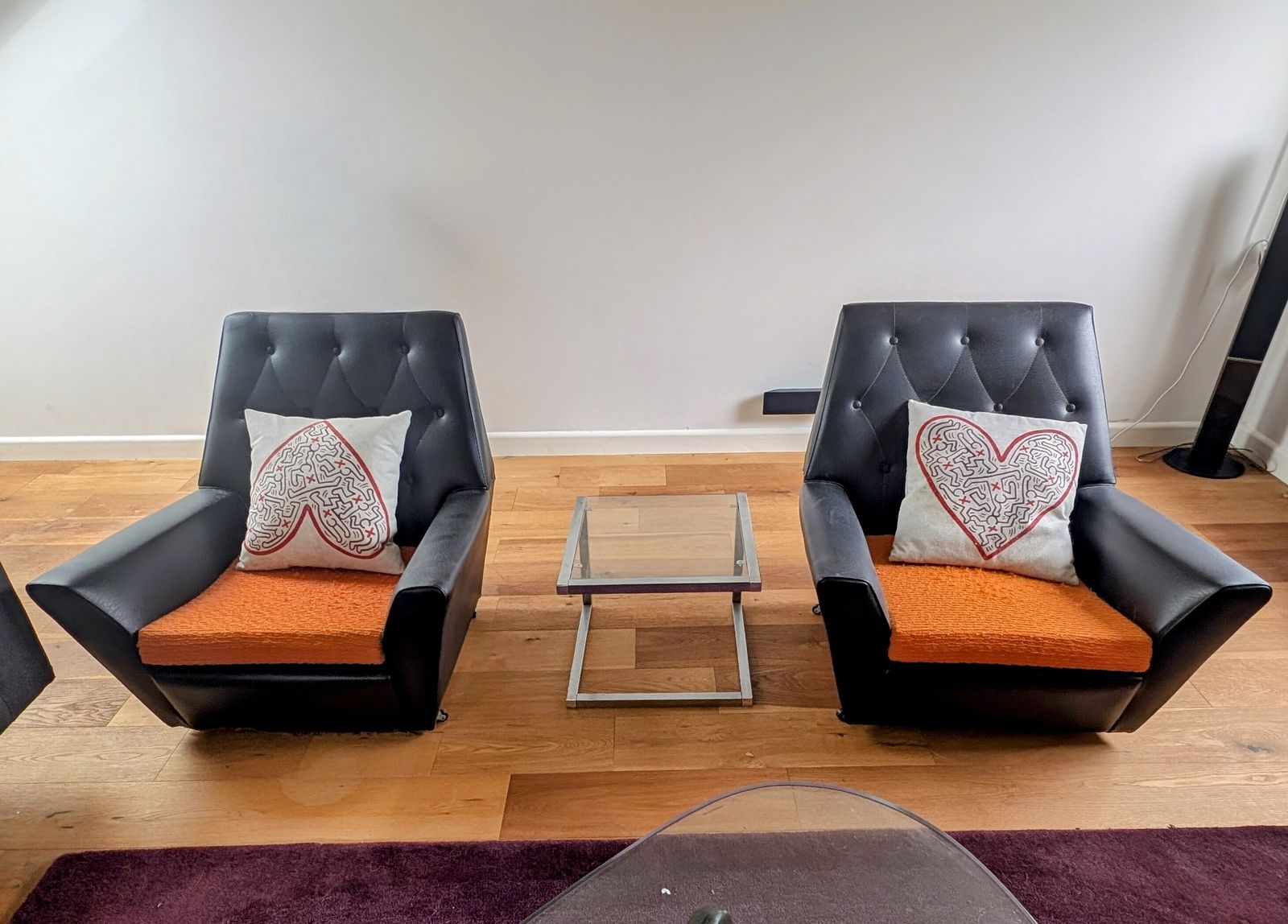 Pair Of Mid Century Vintage 1960s Black Vinyl & Orange Armchairs