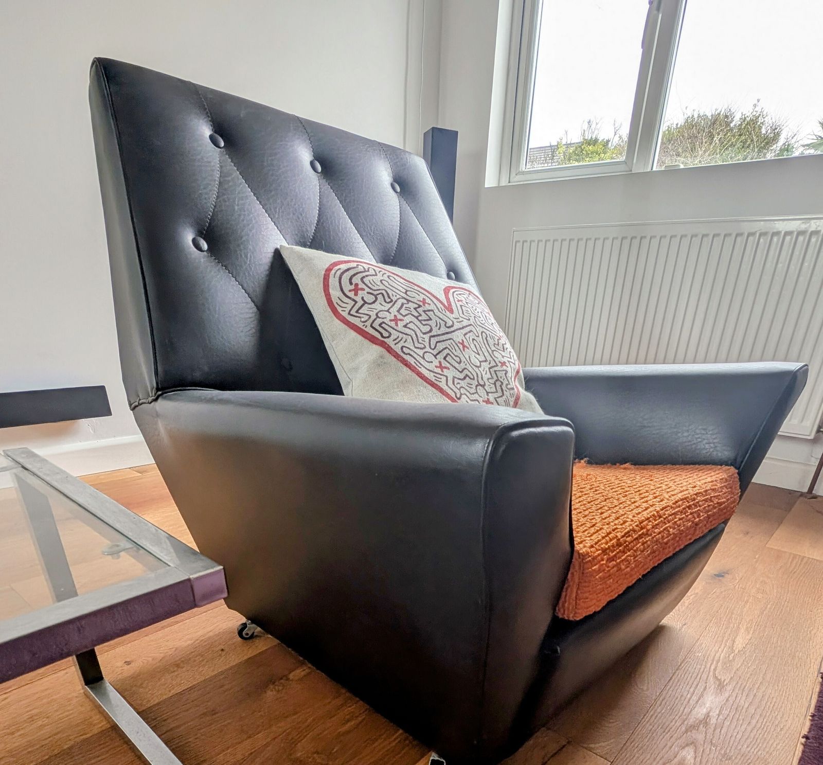 Pair Of Mid Century Vintage 1960s Black Vinyl & Orange Armchairs photo Furniture
