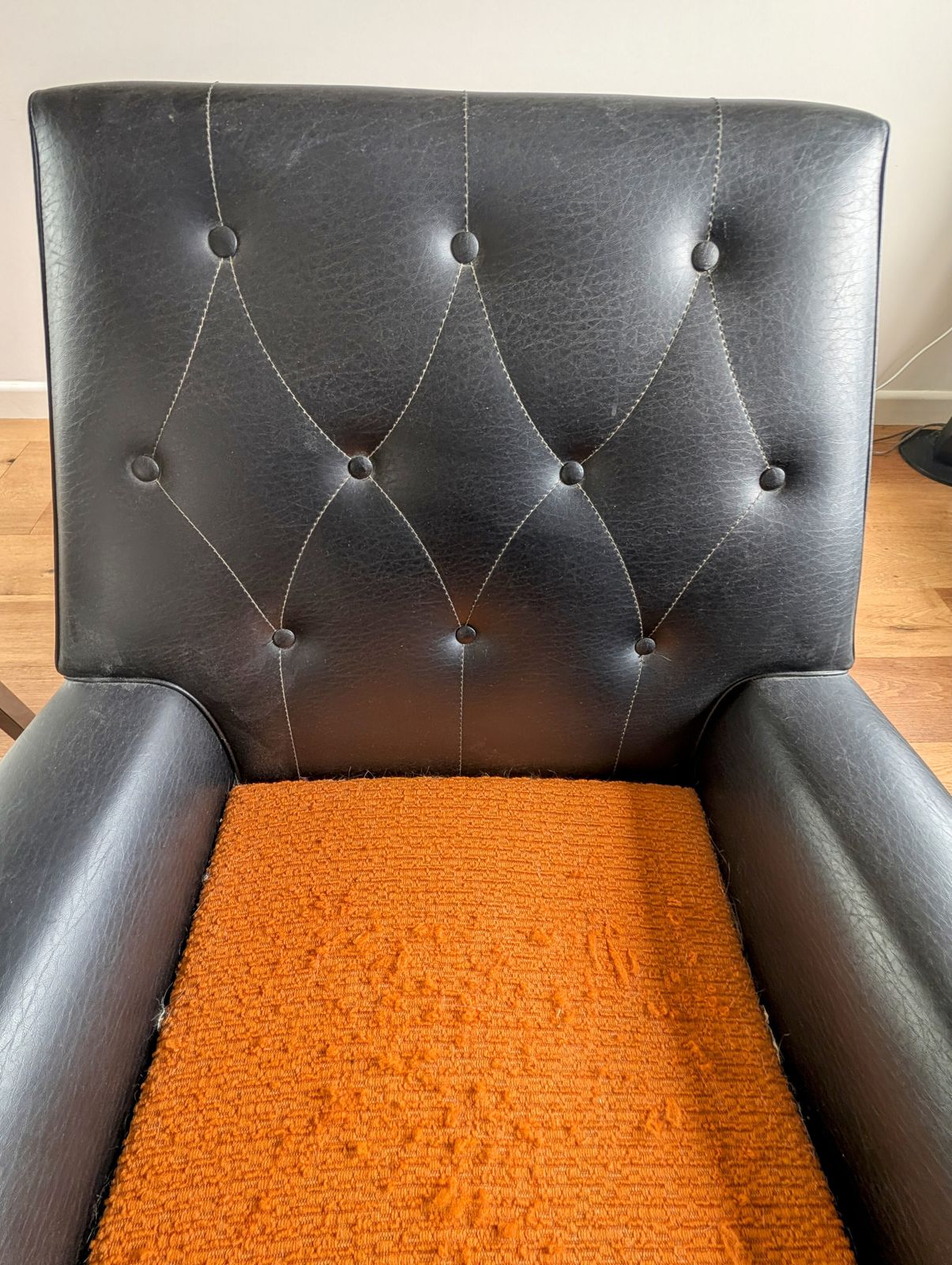 Pair Of Mid Century Vintage 1960s Black Vinyl & Orange Armchairs photo vintage