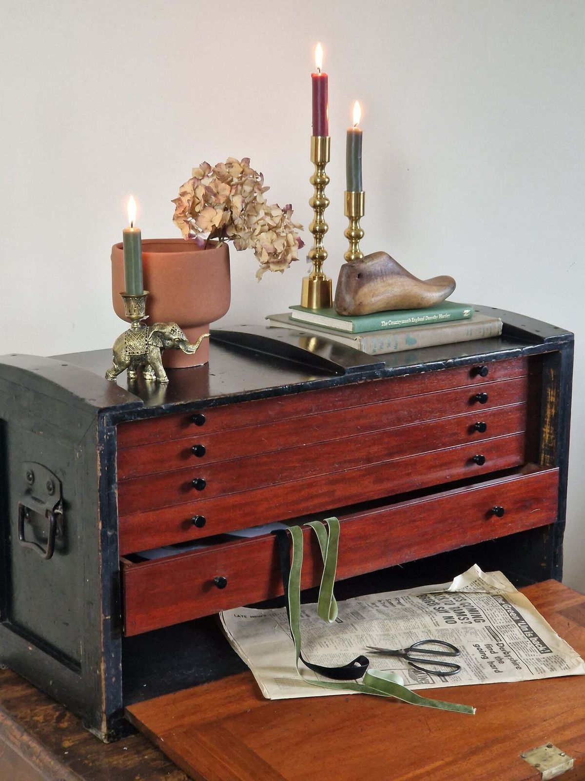 Antique Ebonised & Mahogany Engineers/Collectors Chest/Box