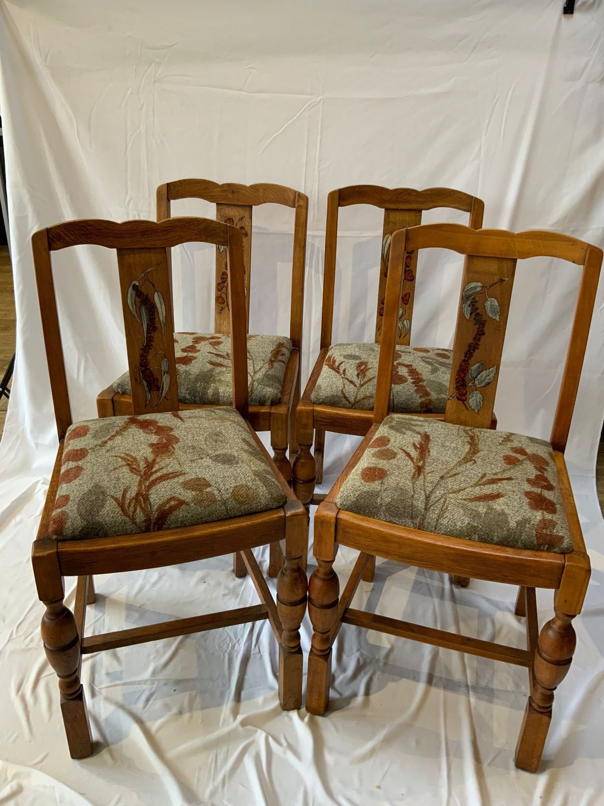 4 X Solid Wood Utility Chairs. Each Having Been Stripped, Repaired, Restored, Upholstered And Pyrographed To Match The Natural Wool Fabric photo Furniture