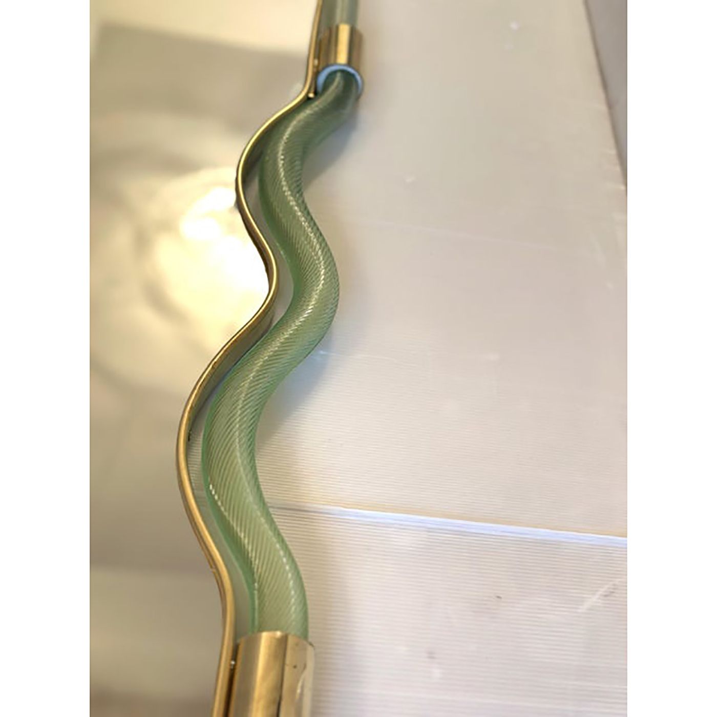Contemporary Wave Mirror In Green And Gold "Torchon" Torciglione Murano Style Glass photo furniture