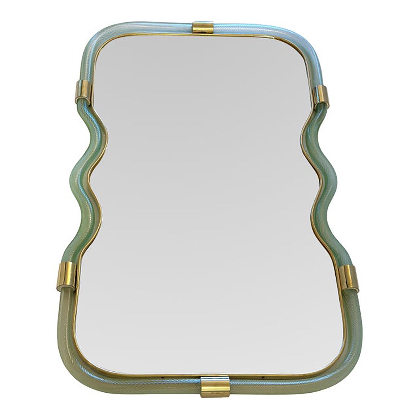 Contemporary Wave Mirror In Green And Gold "Torchon" Torciglione Murano Style Glass