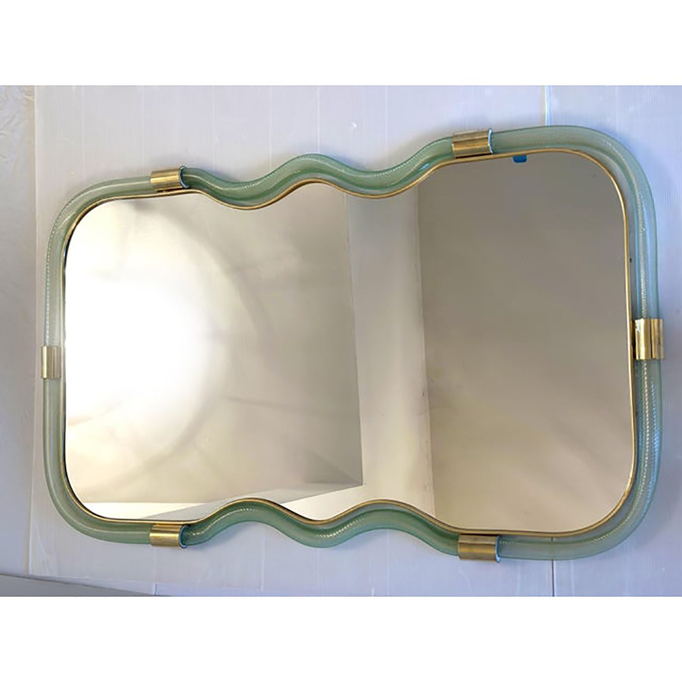 Contemporary Horizzontal Wave Mirror In Green And Gold "Torchon" Torciglione Murano Style Glass photo buy