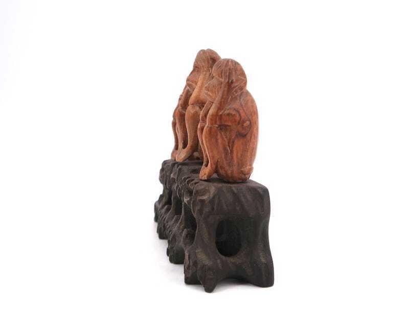 Chinese Sculpture : The Three Wise Monkeys, Carved Wood, 1970s / Lucky Charm, Statue, Figurine, Art photo 62.0