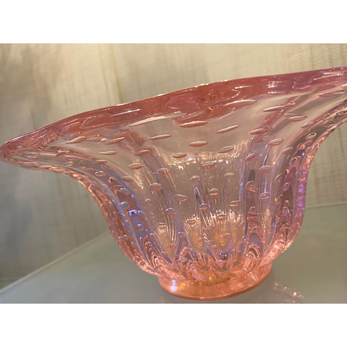 Murano Style Glass Pink Vase With Gold And Bubble Air Round Shape photo vintage