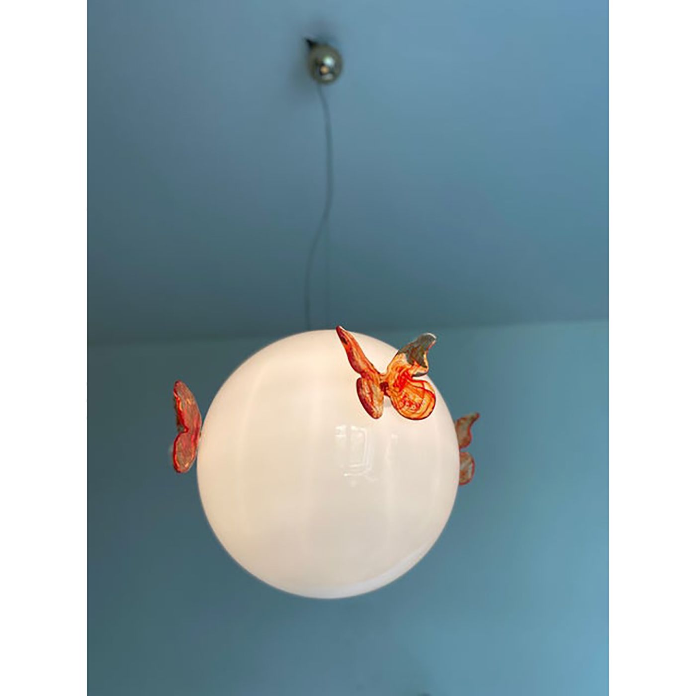 Italian Murano Style Glass Opalino Pendant With Red Butterfly photo furniture
