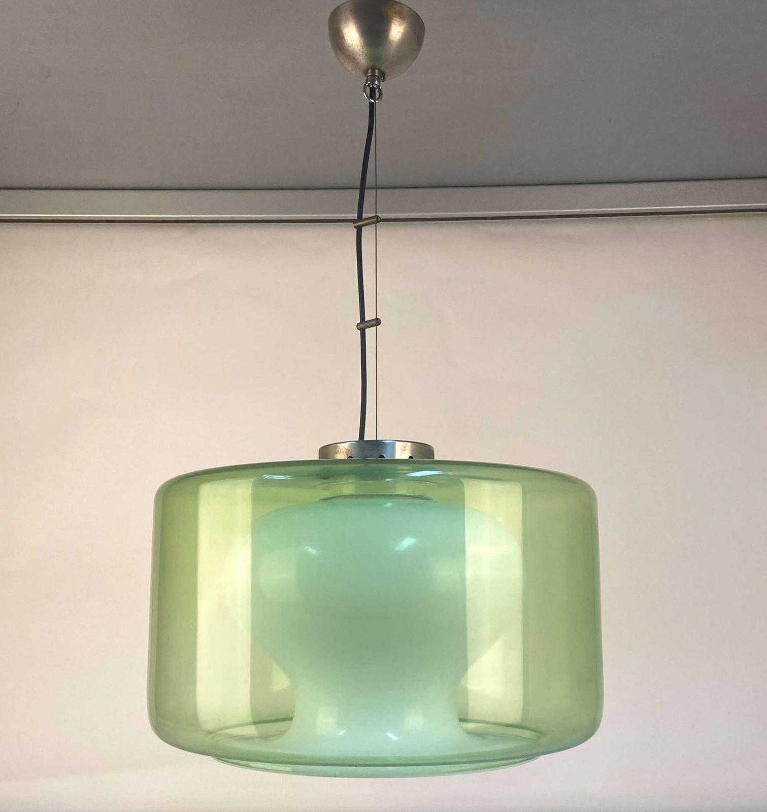 Large Green & Opaline Glass Pendant Attributed To Carlo Nason Mazzega photo furniture