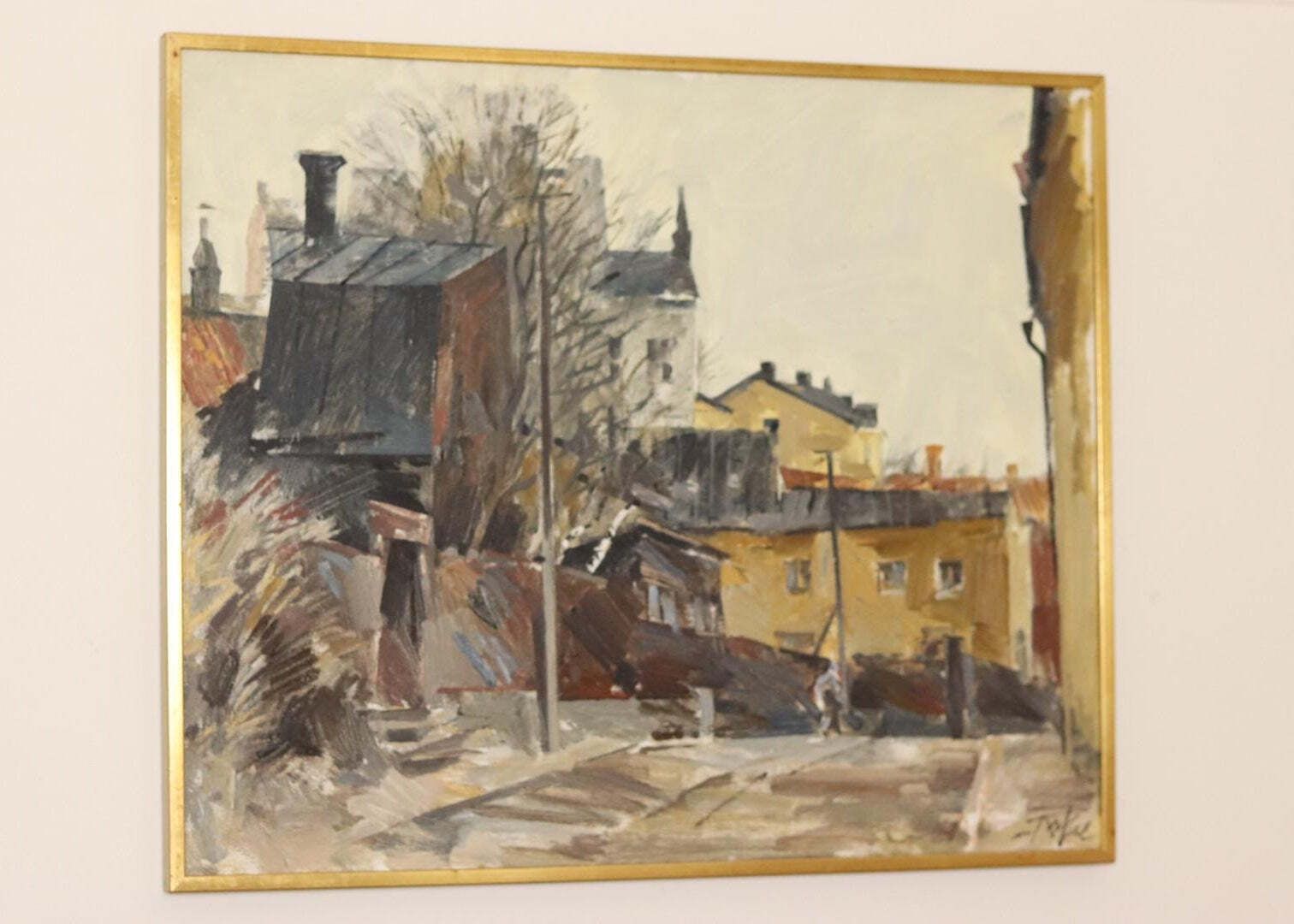 Mid Century Original Swedish Oil On Canvas "City Scene  Stockholm" By Adrian Van Arkel   Vintage & Framed