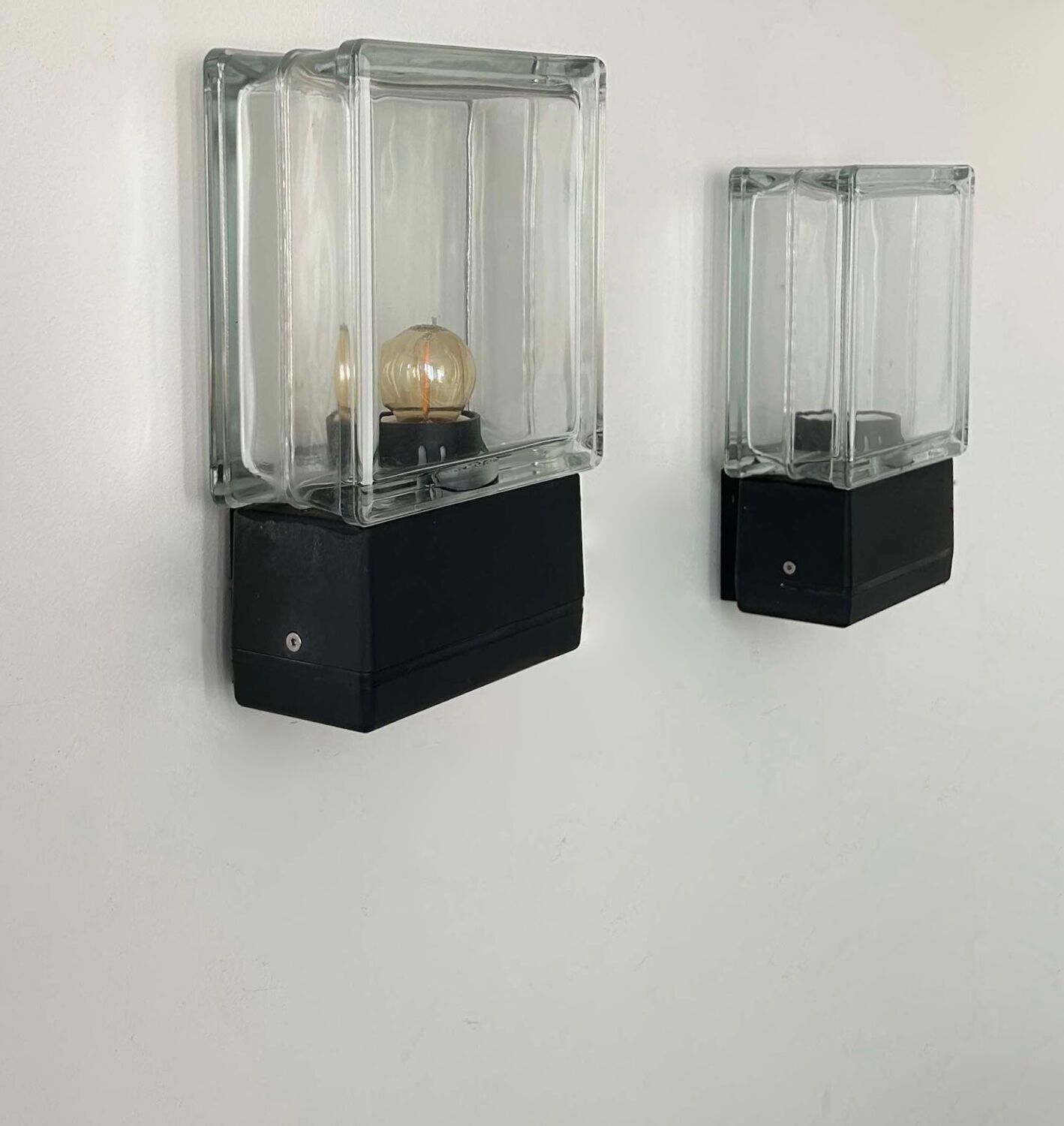 photo for sale Pair Of Vintage Wall Lights, Glass And Black Metal, Italy 1980