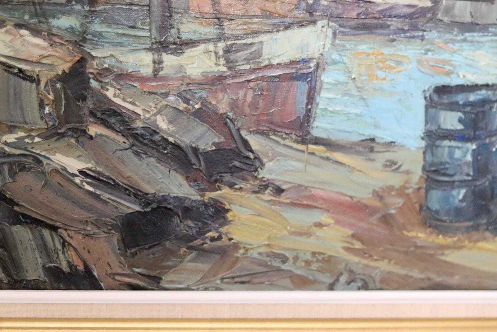 Mid Century Original Swedish Oil On Canvas "Harbour Scene With Fishing Boat" By Finn Andersen  Vintage & Framed photo vinterior