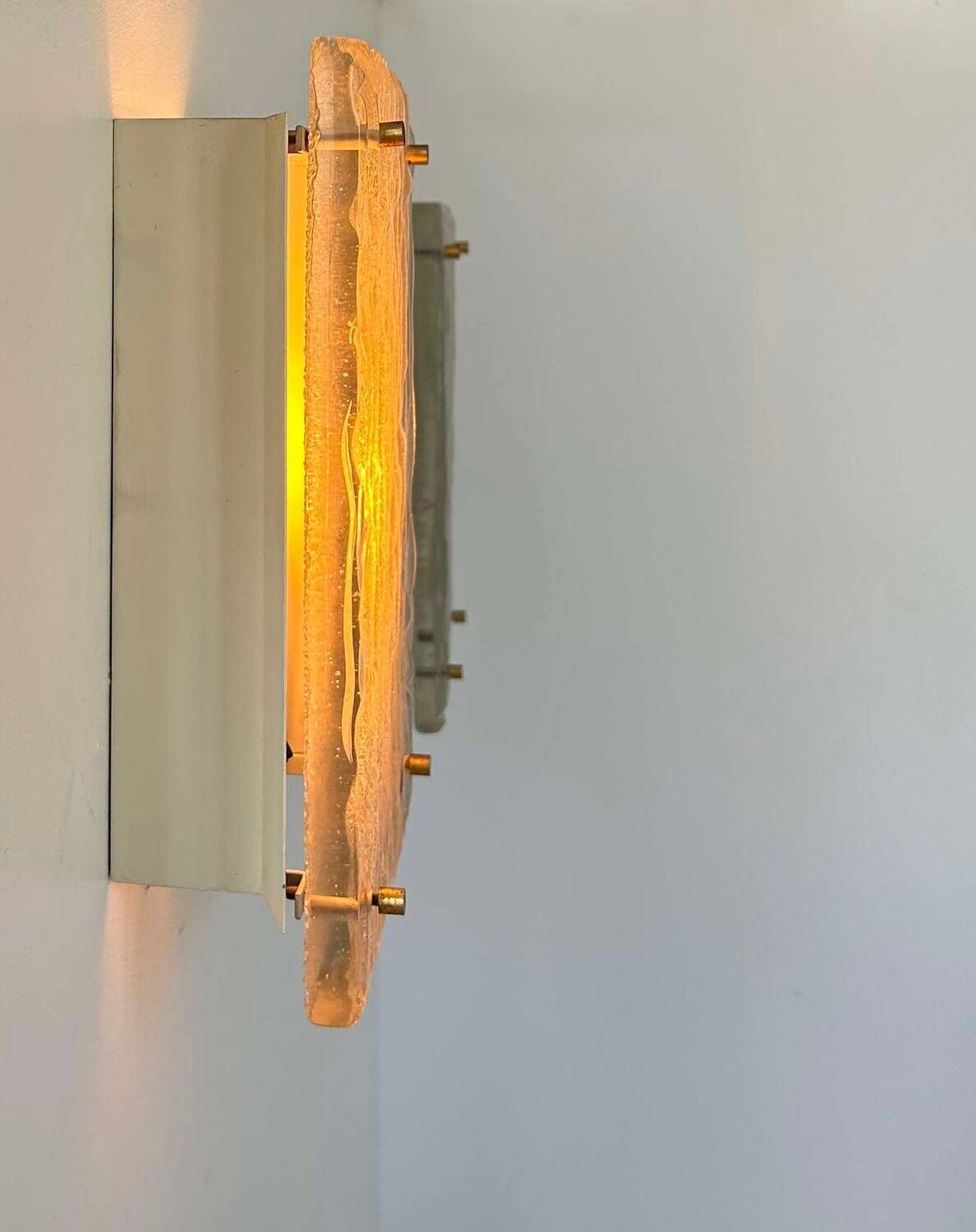 Pair Of Vintage Sconces, Molded Frosted Glass, Murano Italy 1970 photo Lighting