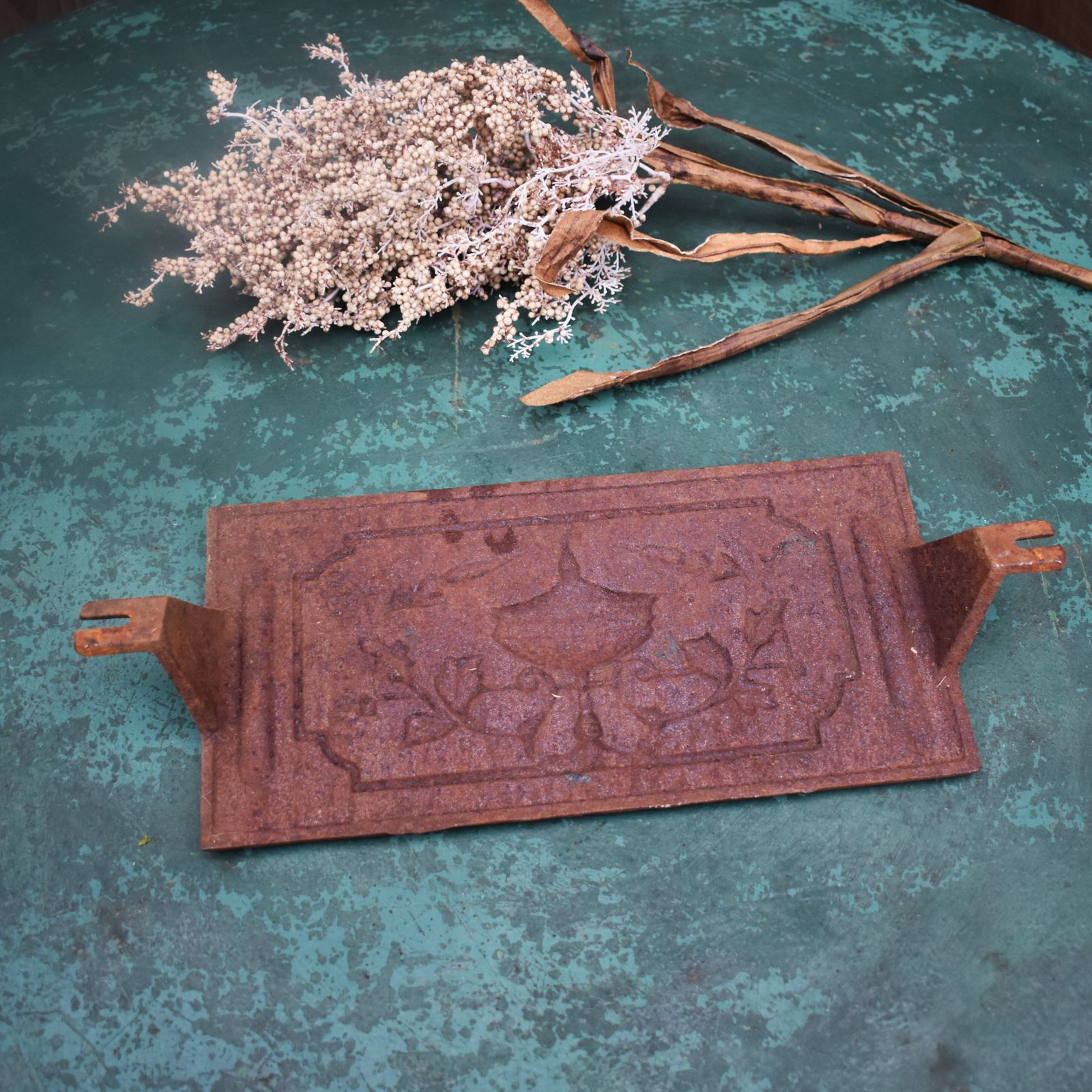 photo for sale Antique Victorian Salvaged Cast Iron Flower And Urn Wall Plaque Fireplace Panel