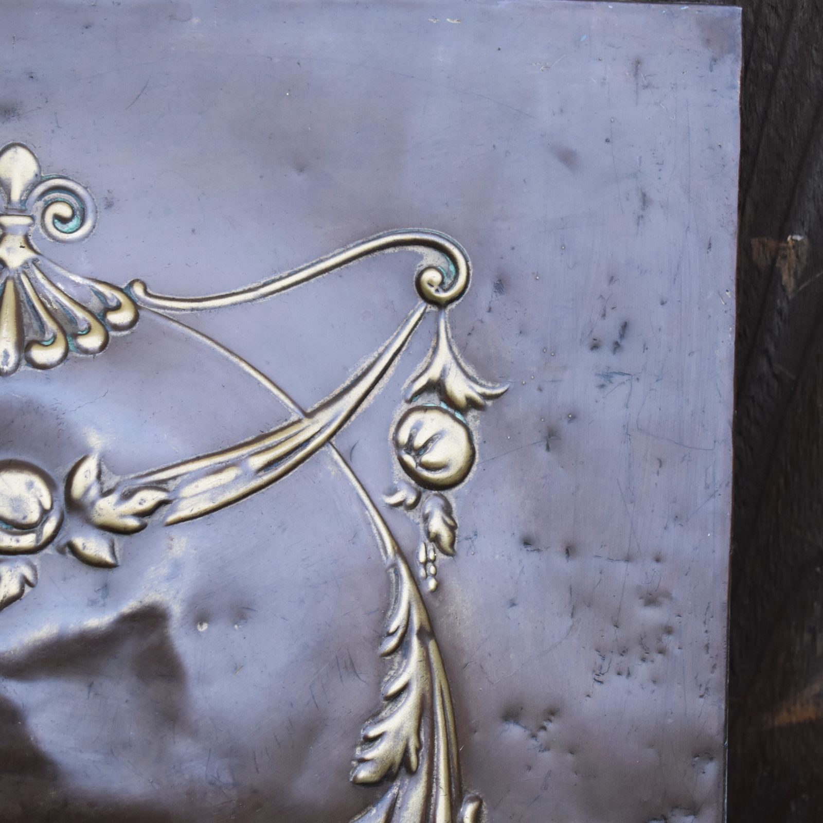 Antique Salvaged Repousse Copper On Cast Iron Open Fireplace Hood Ornate Panel photo vintage