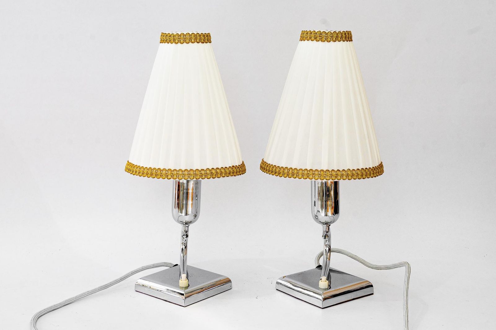 2 Art Deco Chrome Table Lamps With Original Fabric Shades Vienna Around 1920s photo furniture