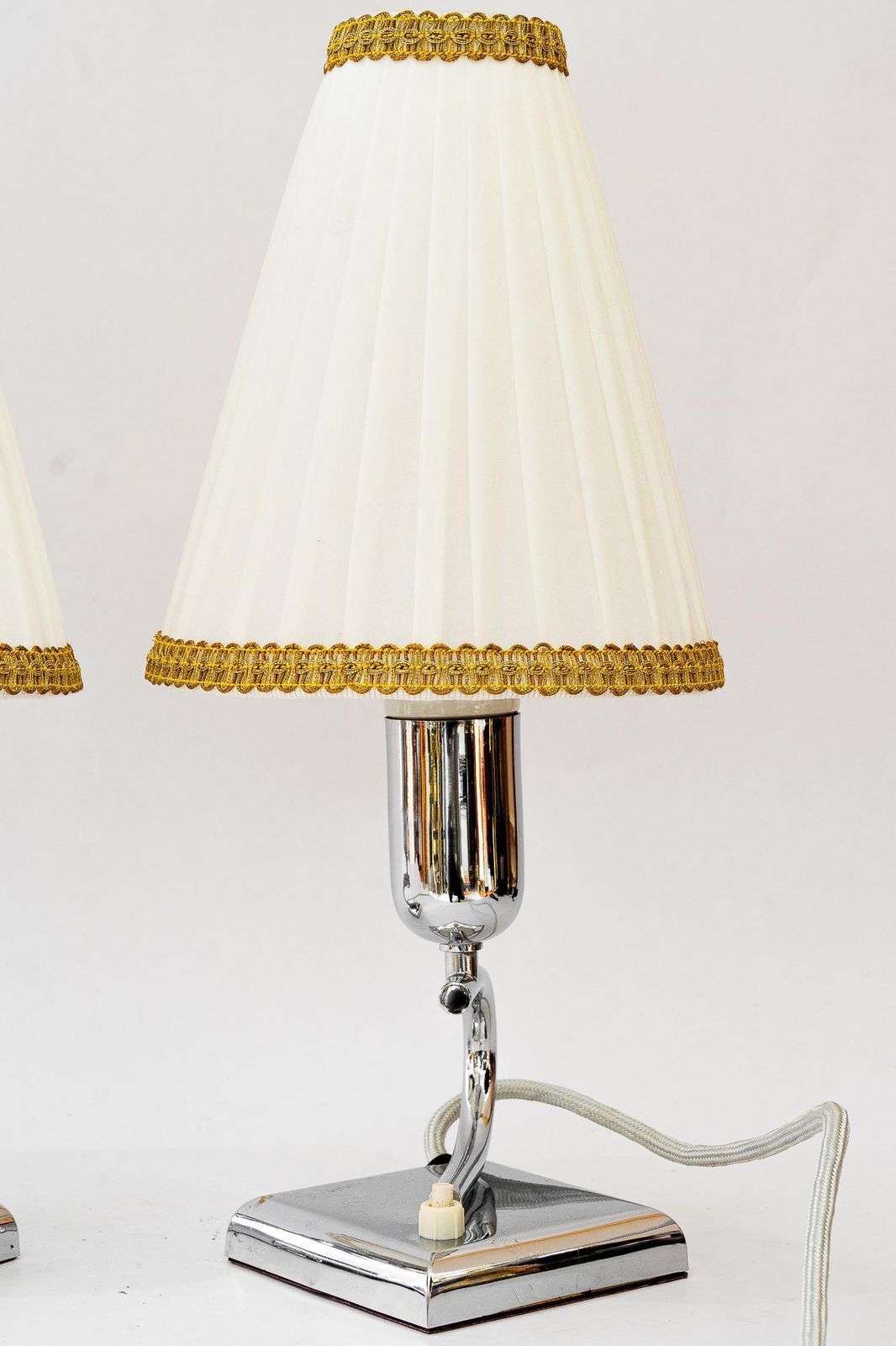 2 Art Deco Chrome Table Lamps With Original Fabric Shades Vienna Around 1920s photo for sale