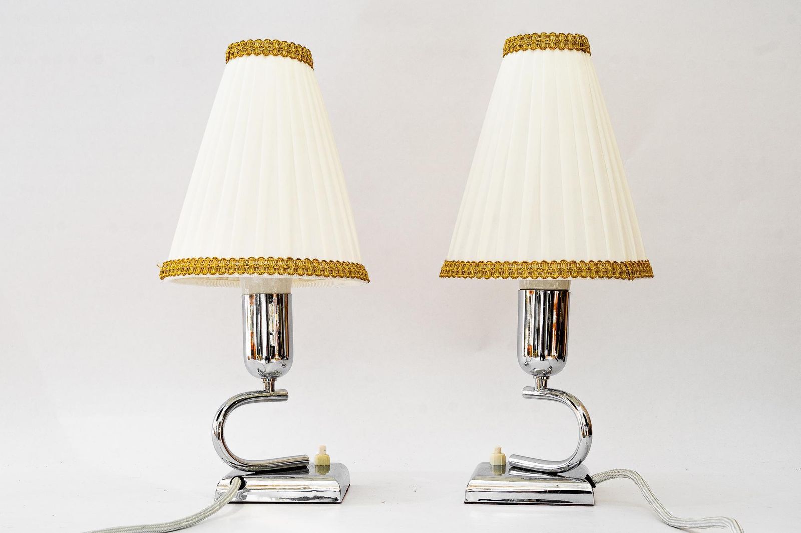2 Art Deco Chrome Table Lamps With Original Fabric Shades Vienna Around 1920s photo 679.0