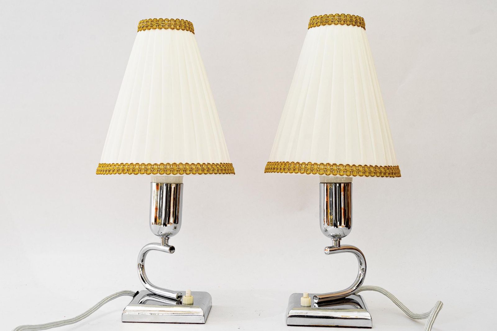 2 Art Deco Chrome Table Lamps With Original Fabric Shades Vienna Around 1920s photo vinterior