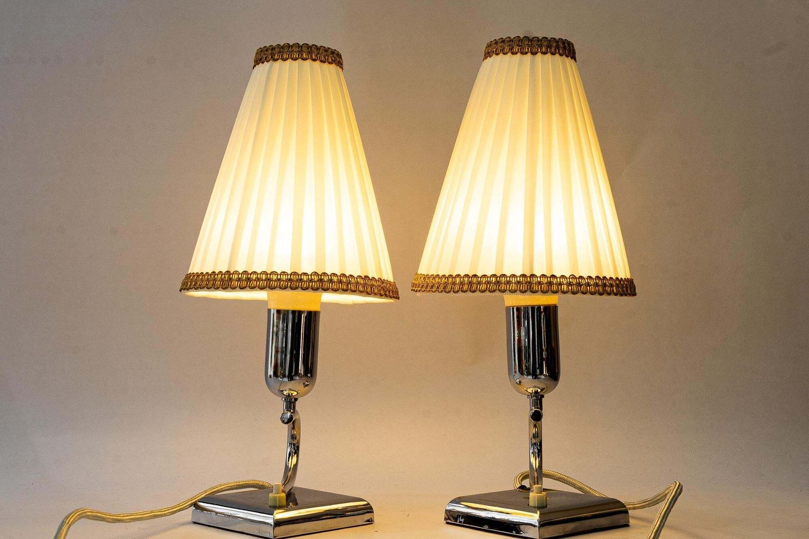 photo for sale 2 Art Deco Chrome Table Lamps With Original Fabric Shades Vienna Around 1920s