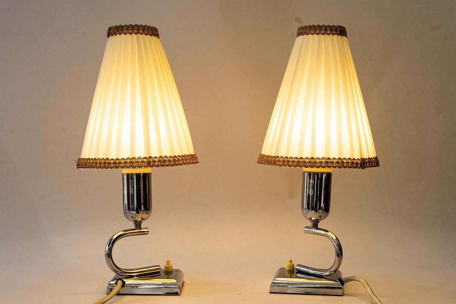 photo vinterior 2 Art Deco Chrome Table Lamps With Original Fabric Shades Vienna Around 1920s