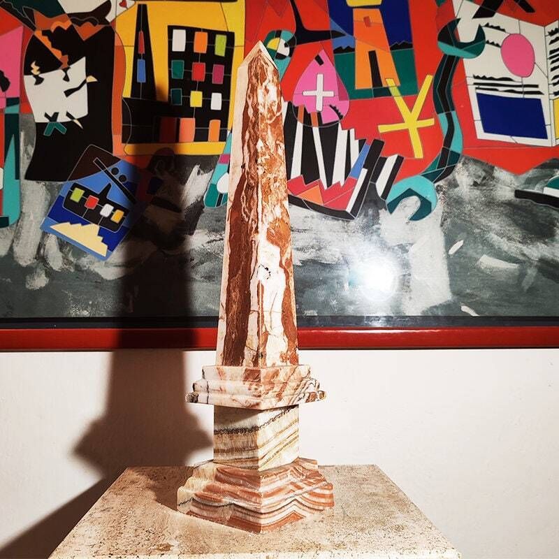 1970s Stunning Big Obelisk In Red An White Italian Marble. Made In Italy.