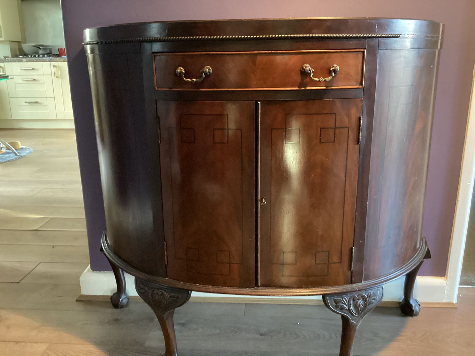 Demilune Cabinet Cica 1920 With Drawer ,Ball & Claw Feet ,Mahogany Art Deco Marquetry Insets