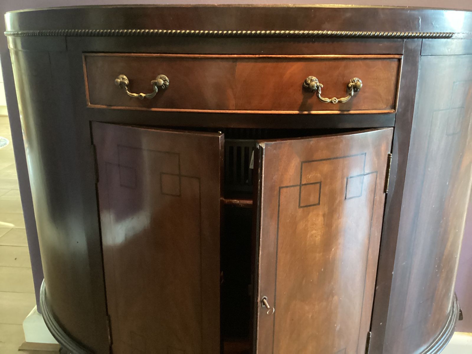 Demilune Cabinet Cica 1920 With Drawer ,Ball & Claw Feet ,Mahogany Art Deco Marquetry Insets photo furniture