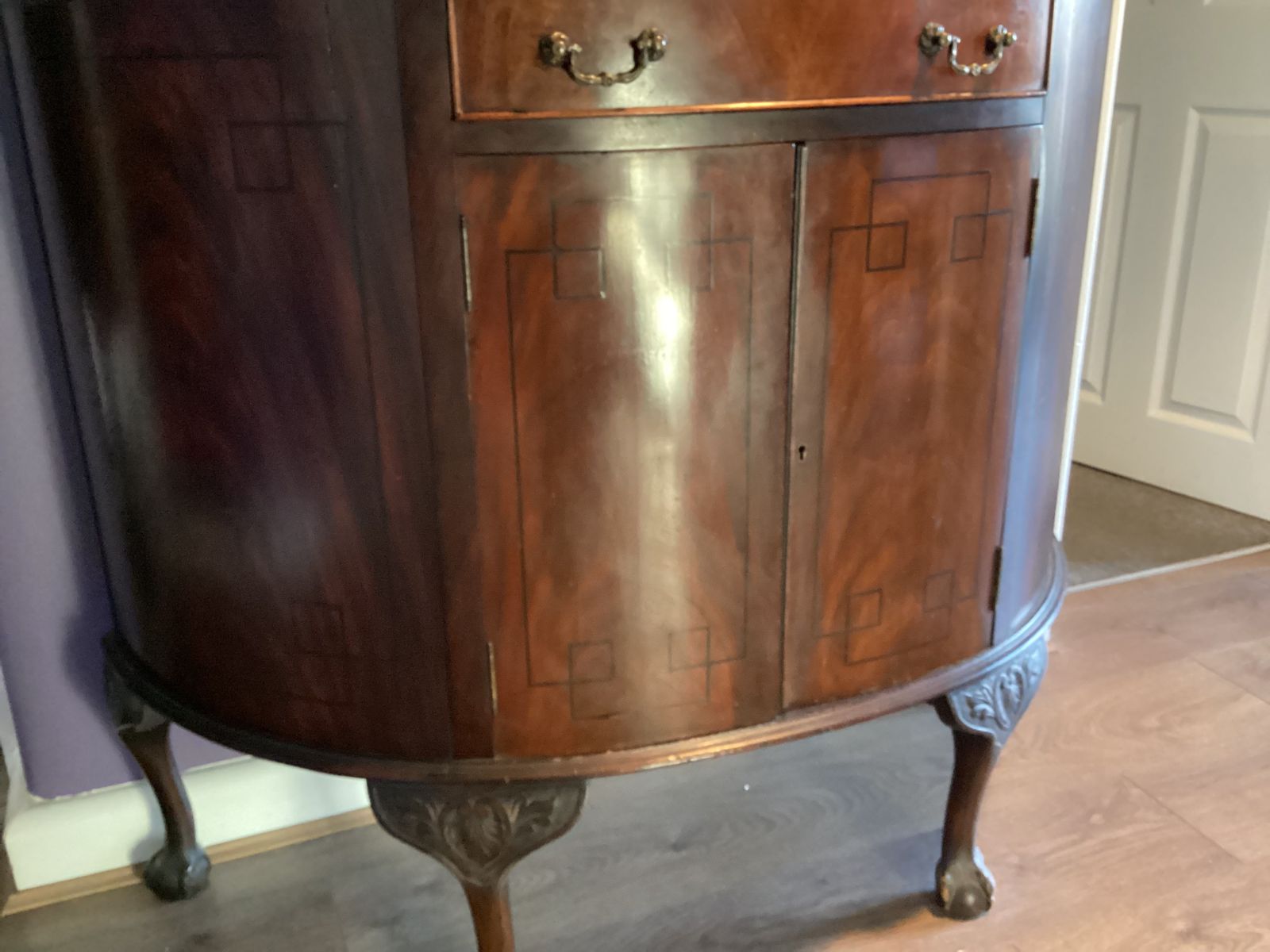 Demilune Cabinet Cica 1920 With Drawer ,Ball & Claw Feet ,Mahogany Art Deco Marquetry Insets photo for sale