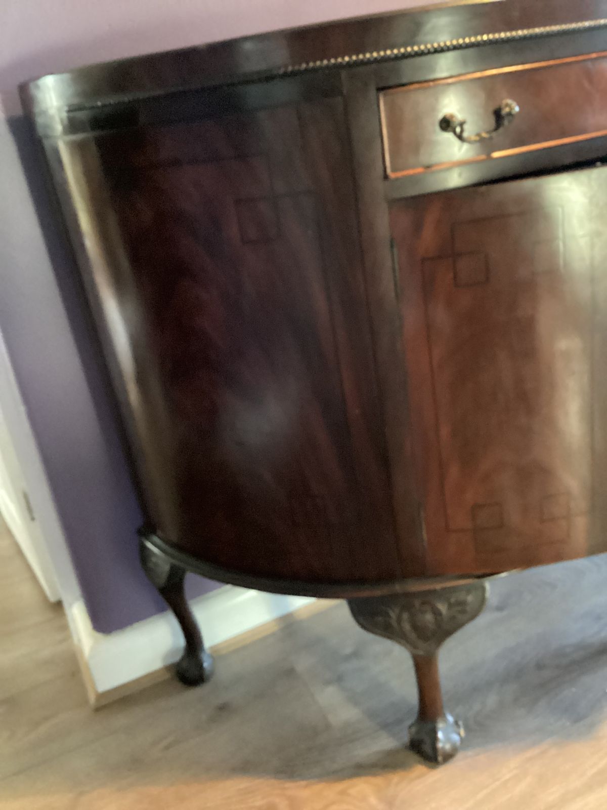 Furniture Demilune Cabinet Cica 1920 With Drawer ,Ball & Claw Feet ,Mahogany Art Deco Marquetry Insets photo