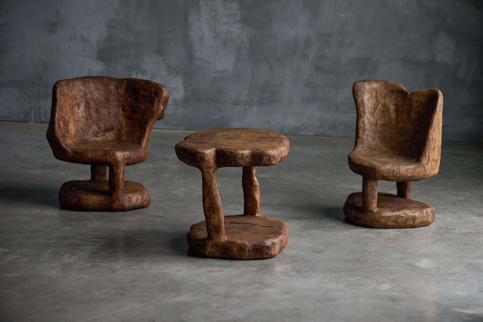 photo furniture Brutalist Monoxyle Chairs, France, 1980s