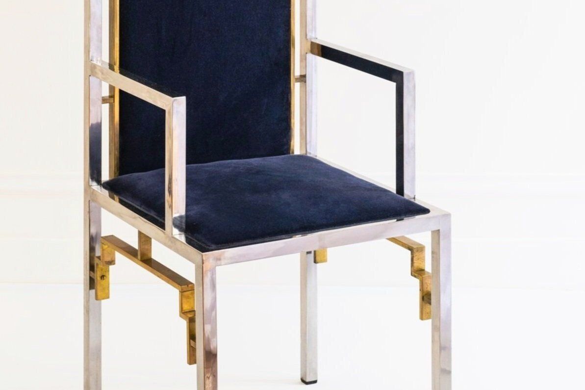 20th Century High Back Throne Chair Attributed To Roméo Rega, Silver & Blue Velvet, 1970 Italian Design photo furniture