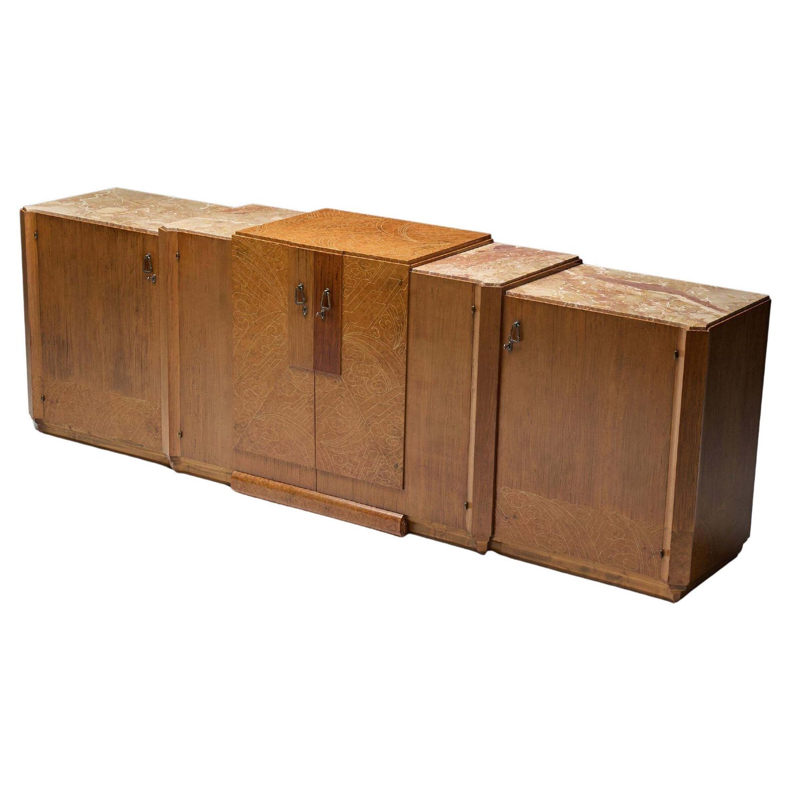 Art Deco Credenza In Marble And Burl Wood, France, 1930s