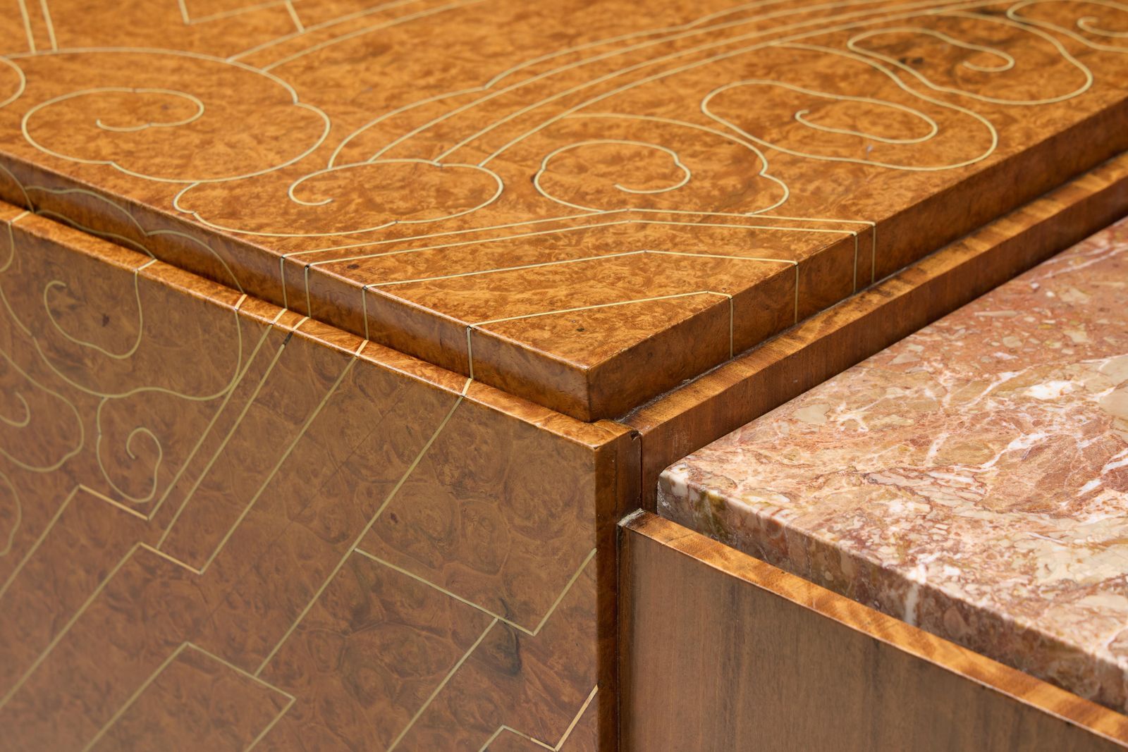photo for sale Art Deco Credenza In Marble And Burl Wood, France, 1930s