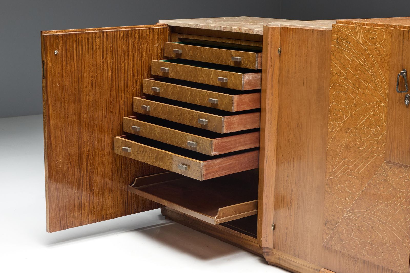 photo buy Art Deco Credenza In Marble And Burl Wood, France, 1930s