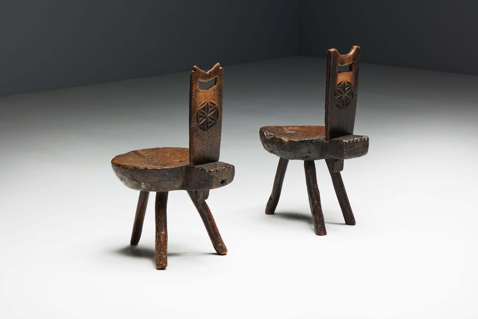 Brutalist Wabi Sabi Tripod Alpine Chairs, France, 19th Century photo furniture