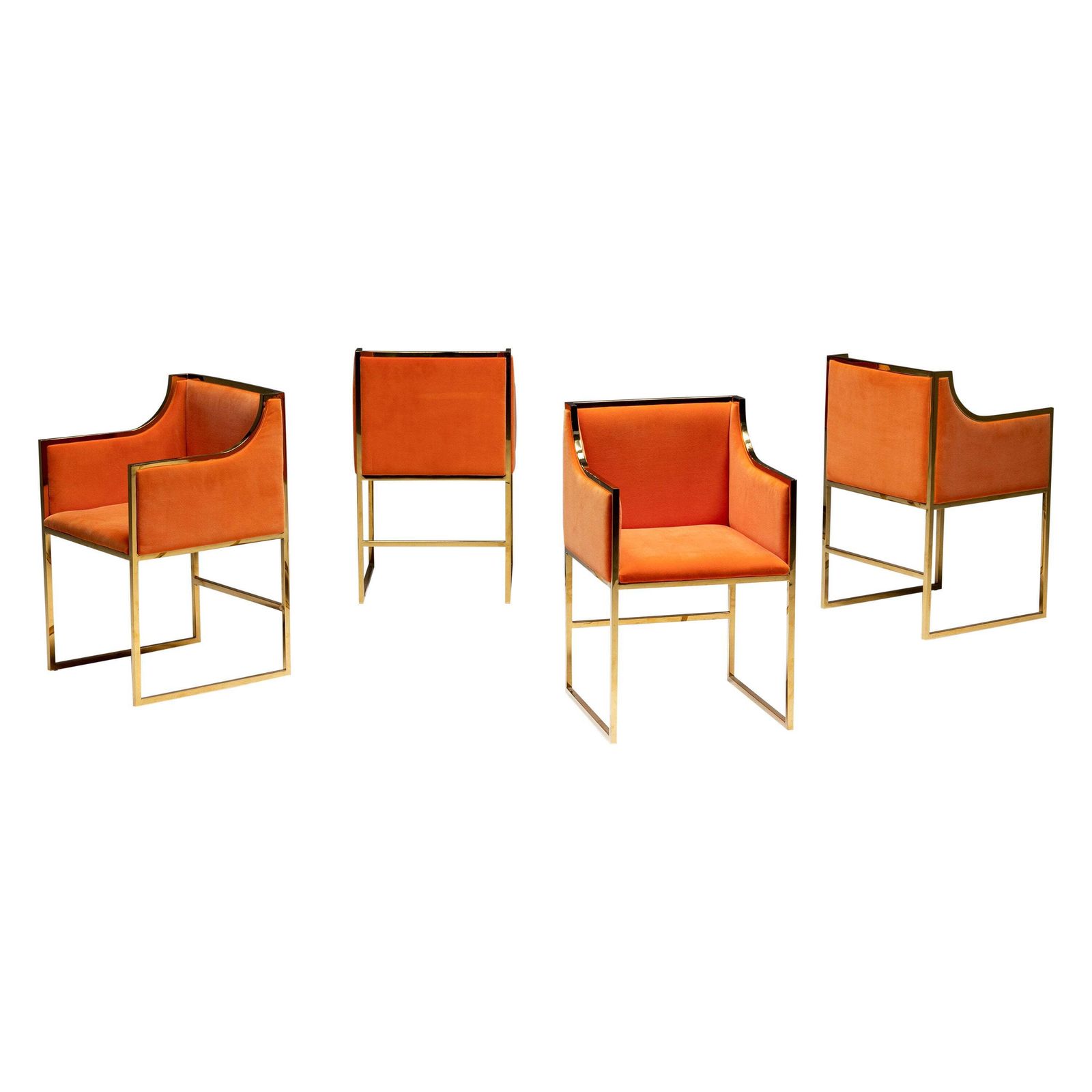 Maison Jansen Brass And Orange Velvet Armchairs, 1980s