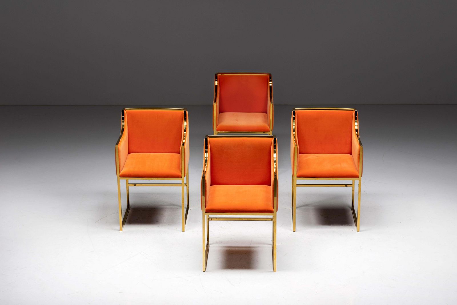 photo furniture Maison Jansen Brass And Orange Velvet Armchairs, 1980s