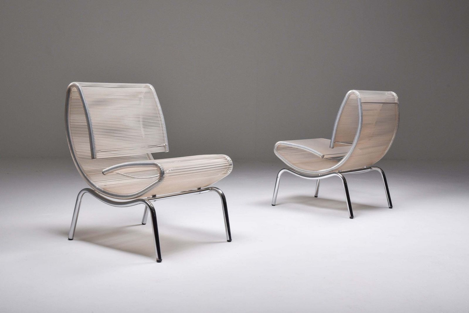 Post Modern Pair Of Easy Chairs In Chrome & Plastic Wire, 1960s