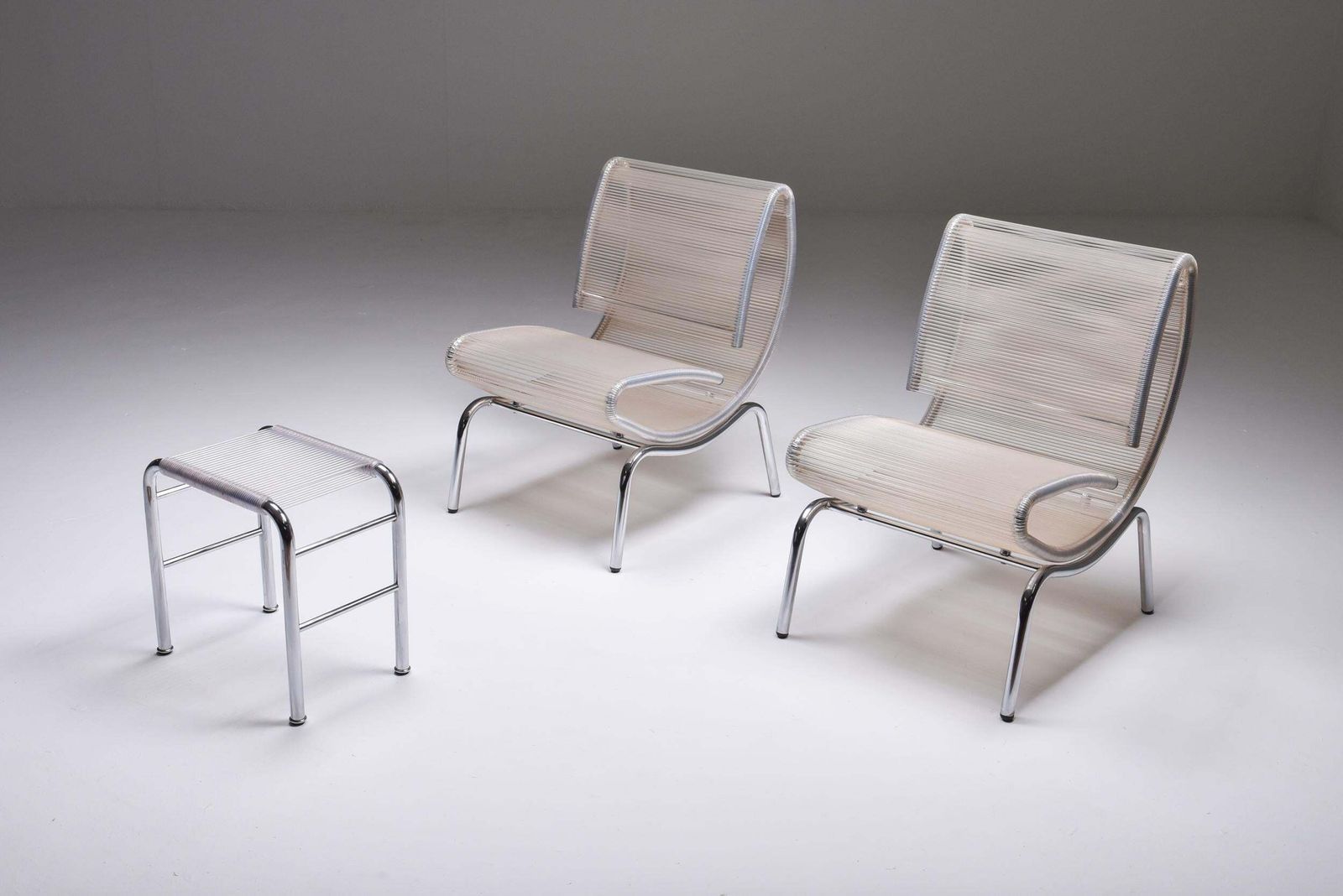 Post Modern Pair Of Easy Chairs In Chrome & Plastic Wire, 1960s photo buy