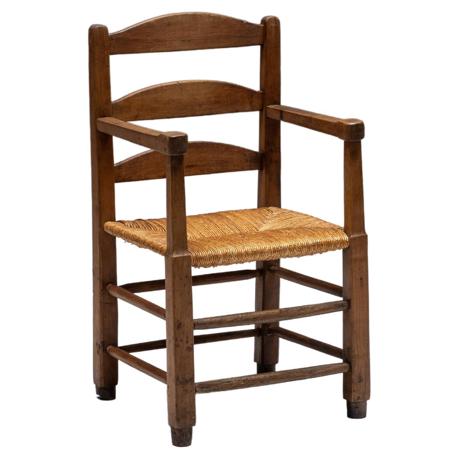 Rustic Armchair In Solid Wood And Straw, France, 1940s