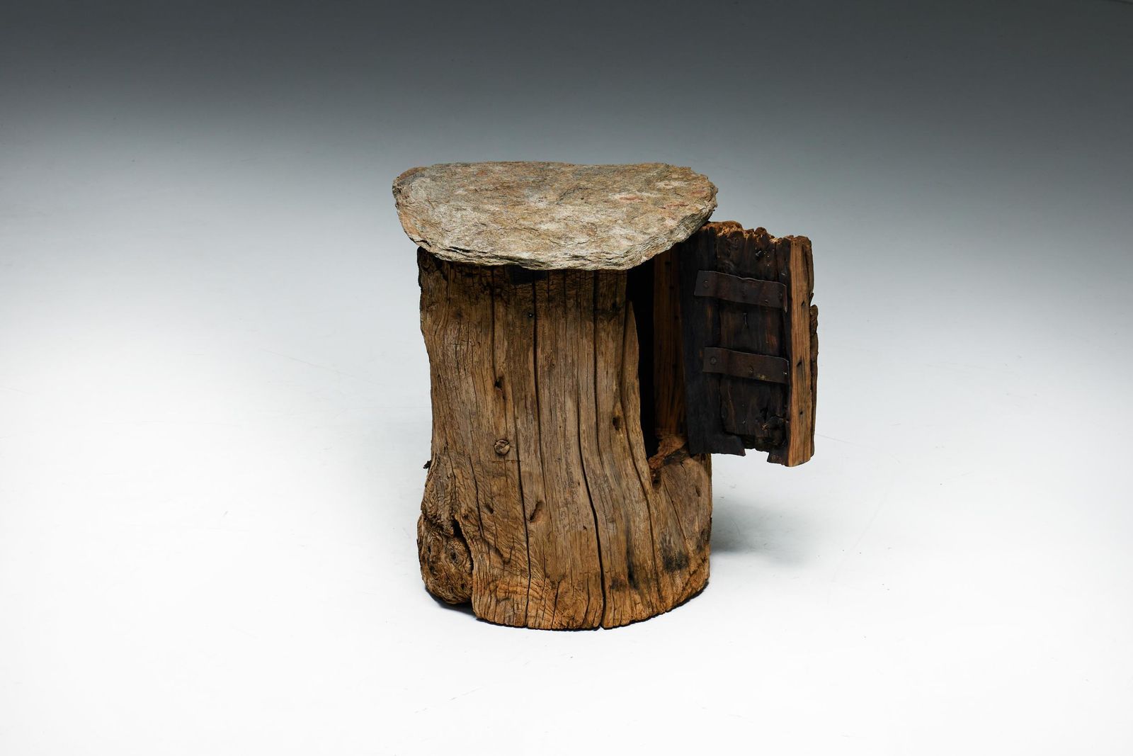 Brutalist Travail Populaire Side Table And Cabinet, France, Early 20th Century photo for sale