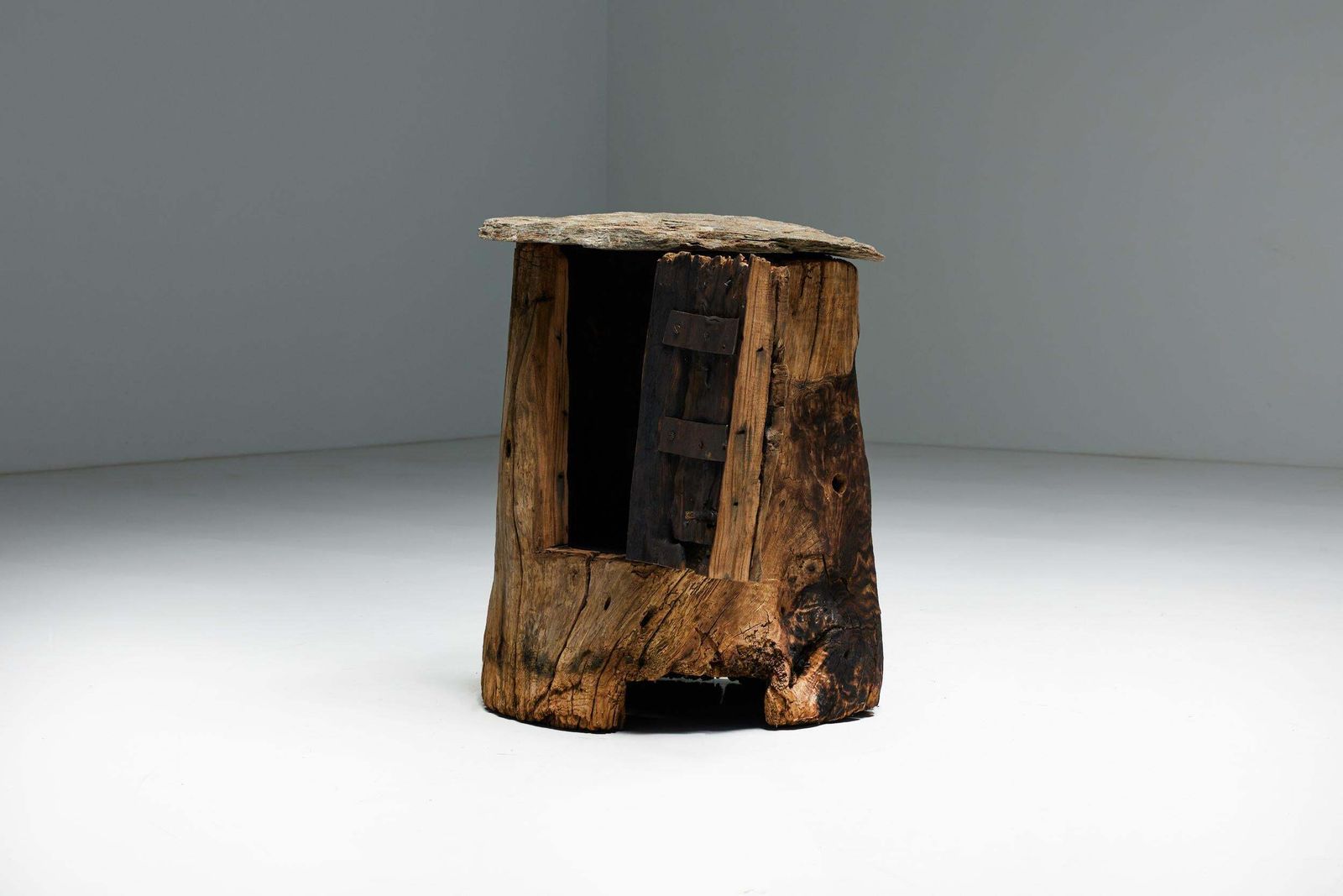 Brutalist Travail Populaire Side Table And Cabinet, France, Early 20th Century photo Furniture