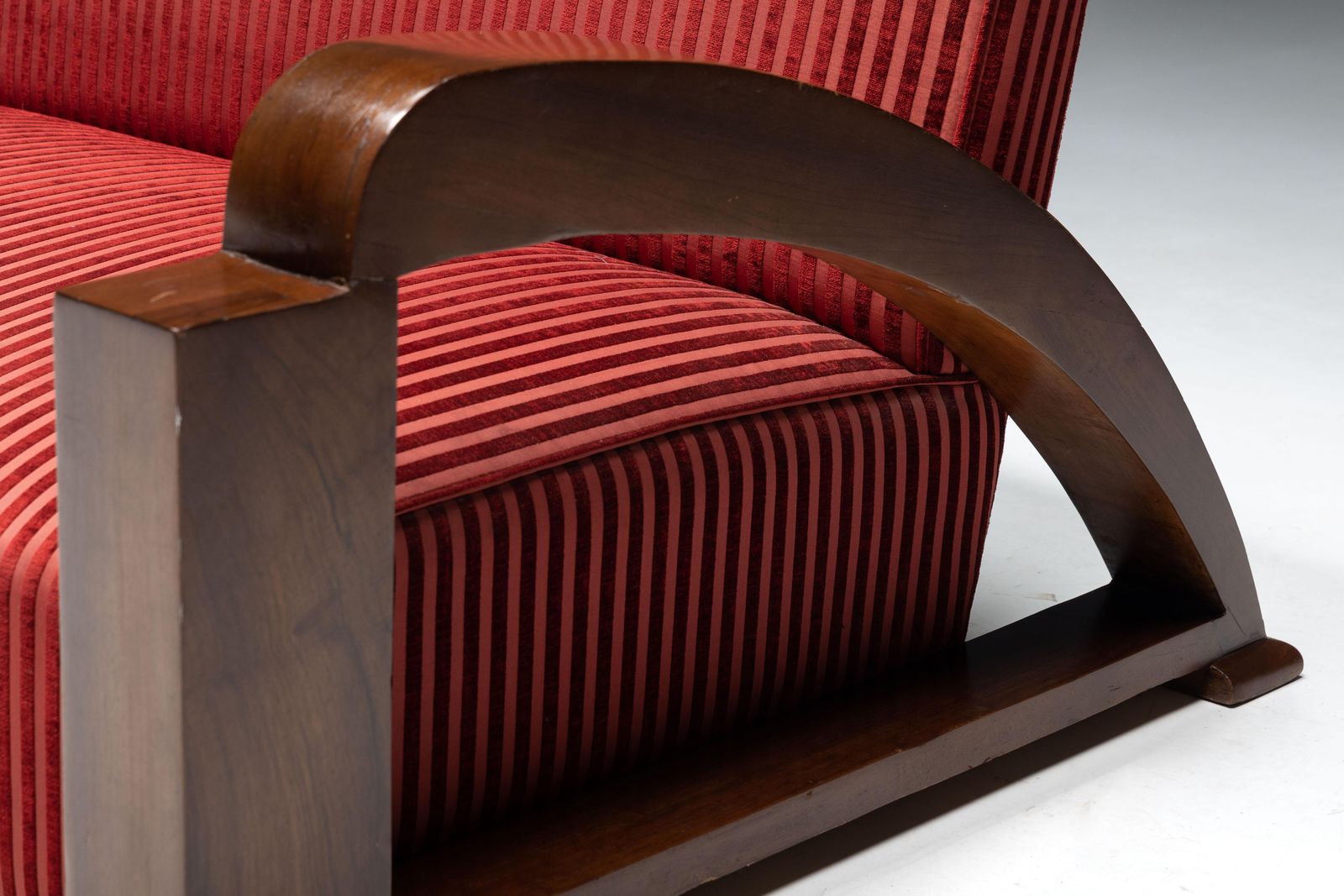 Art Deco Sofa In Red Striped Velvet And With Swoosh Armrests, France, 1940s photo Furniture