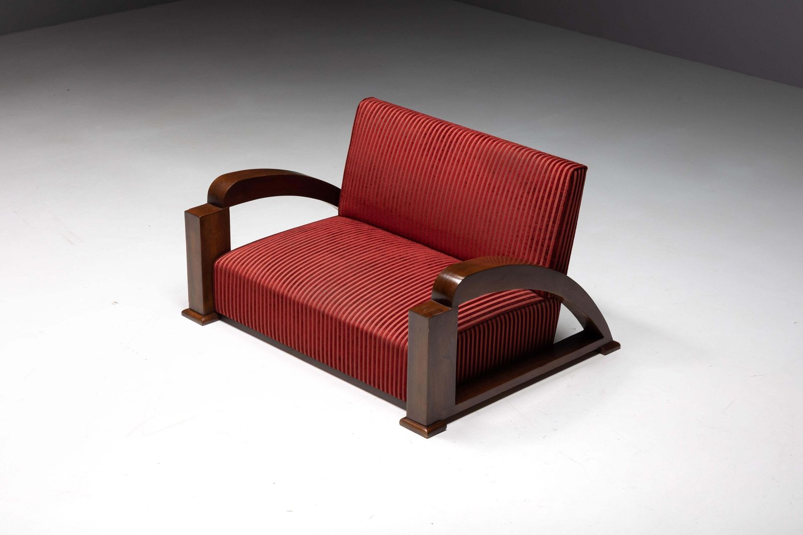 photo furniture Art Deco Sofa In Red Striped Velvet And With Swoosh Armrests, France, 1940s