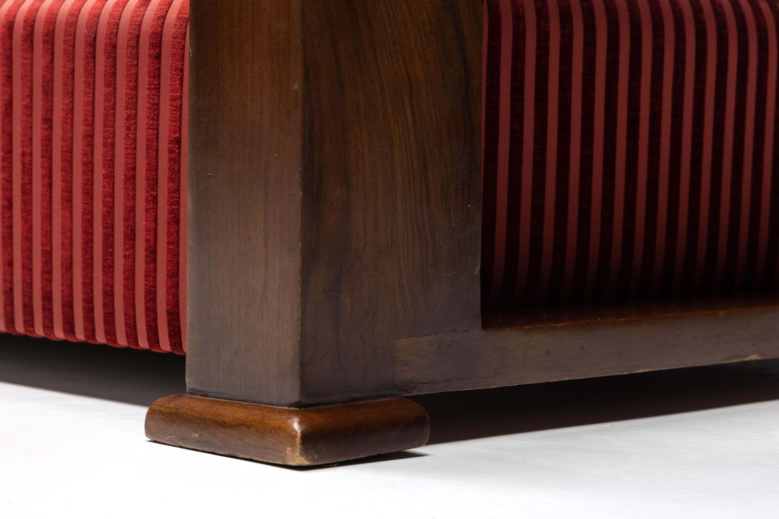 Furniture Art Deco Sofa In Red Striped Velvet And With Swoosh Armrests, France, 1940s photo