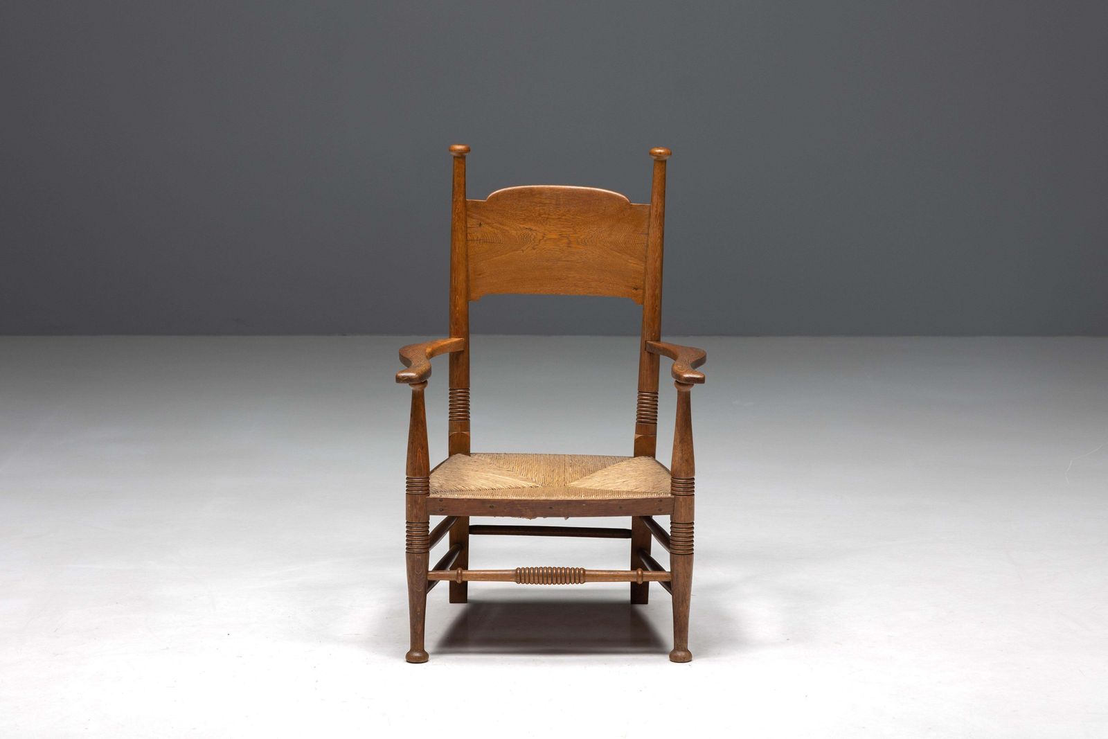 Rustic Armchair In Solid Oak And Straw, United Kingdom, 1900s photo for sale