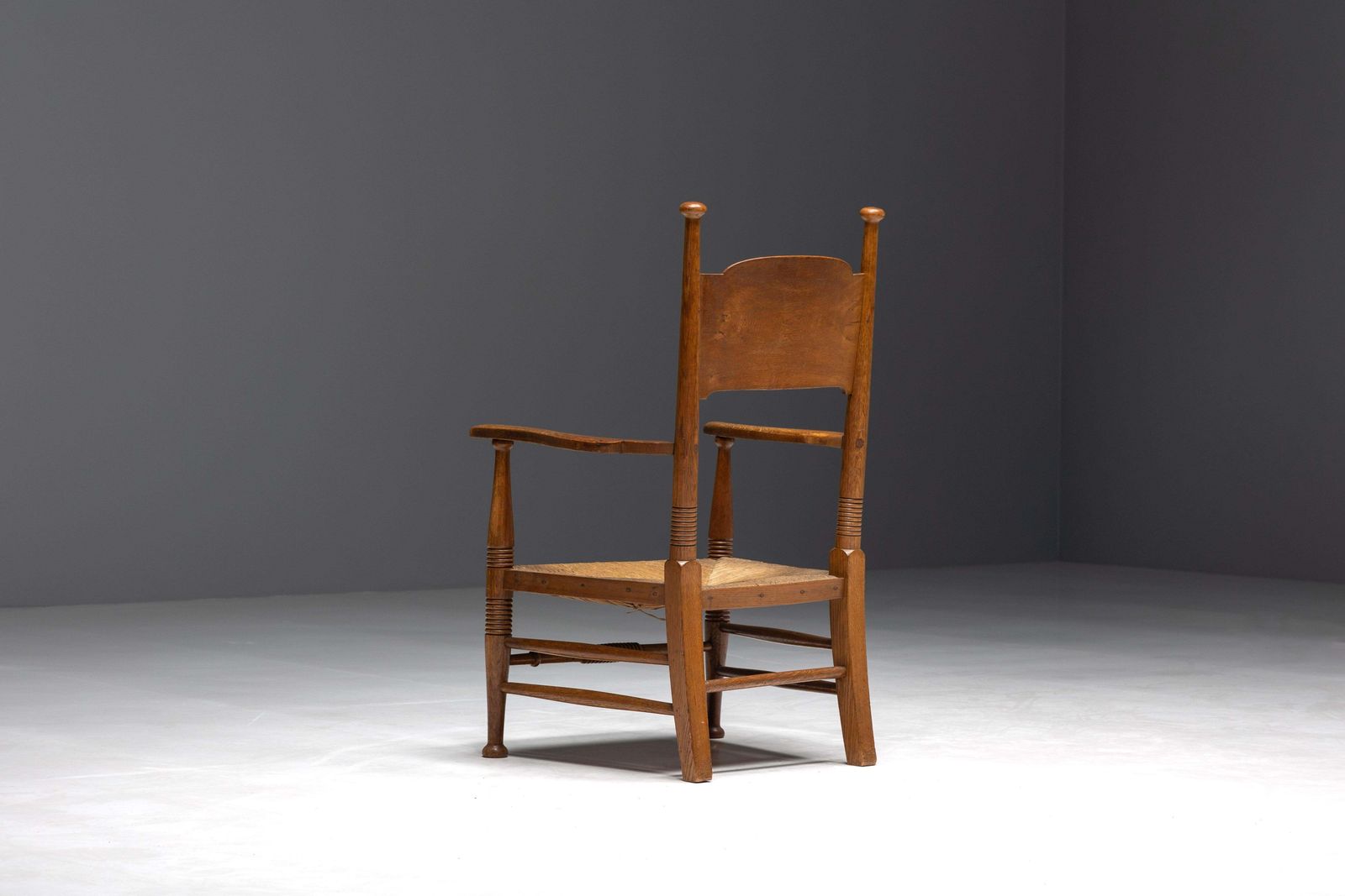 Rustic Armchair In Solid Oak And Straw, United Kingdom, 1900s photo vintage