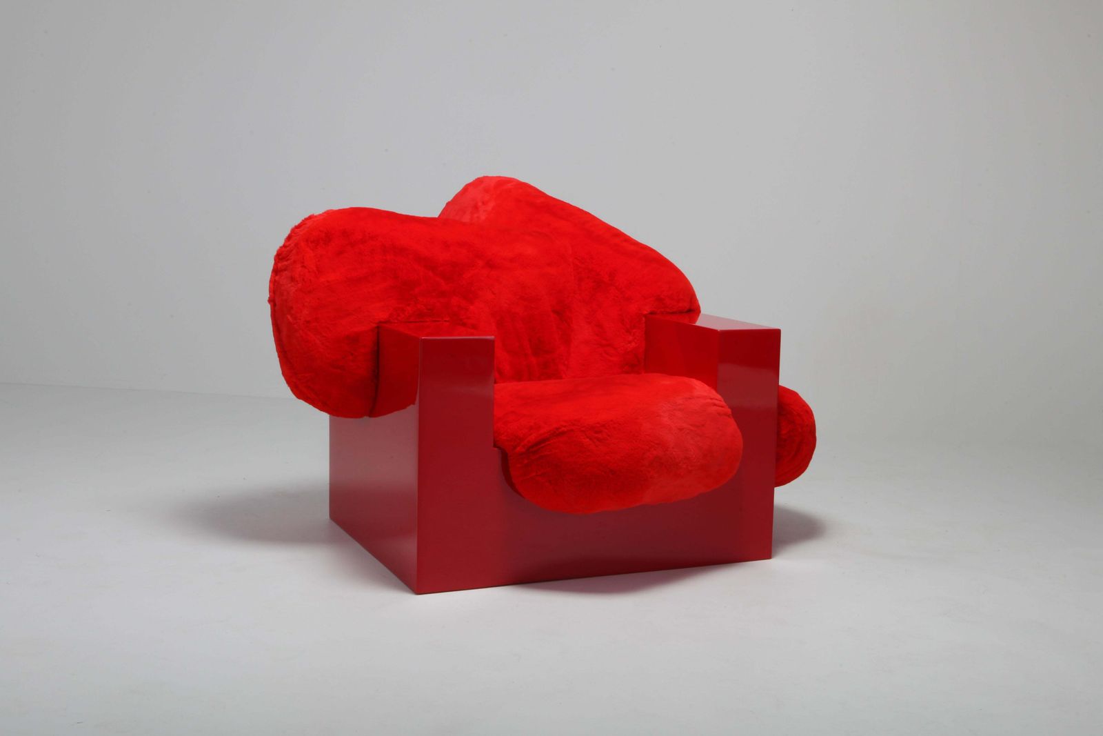 'Pillow Lounge Chair' In Red Lacquer And Faux Fur By Schimmel & Schweikle photo furniture